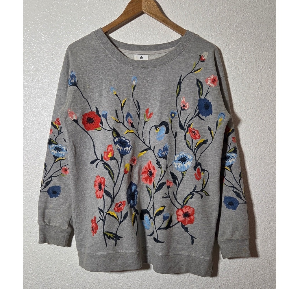 Sundry Anthropologie Floral Embroidered Gray French Terry Pullover Size 0
